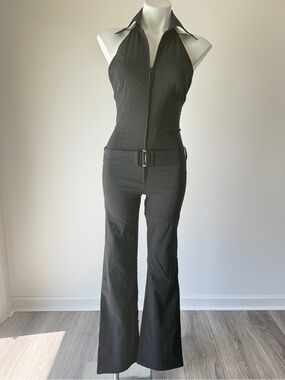 Vintage Luly K New York Y2K Black Halter Belted Jumpsuit